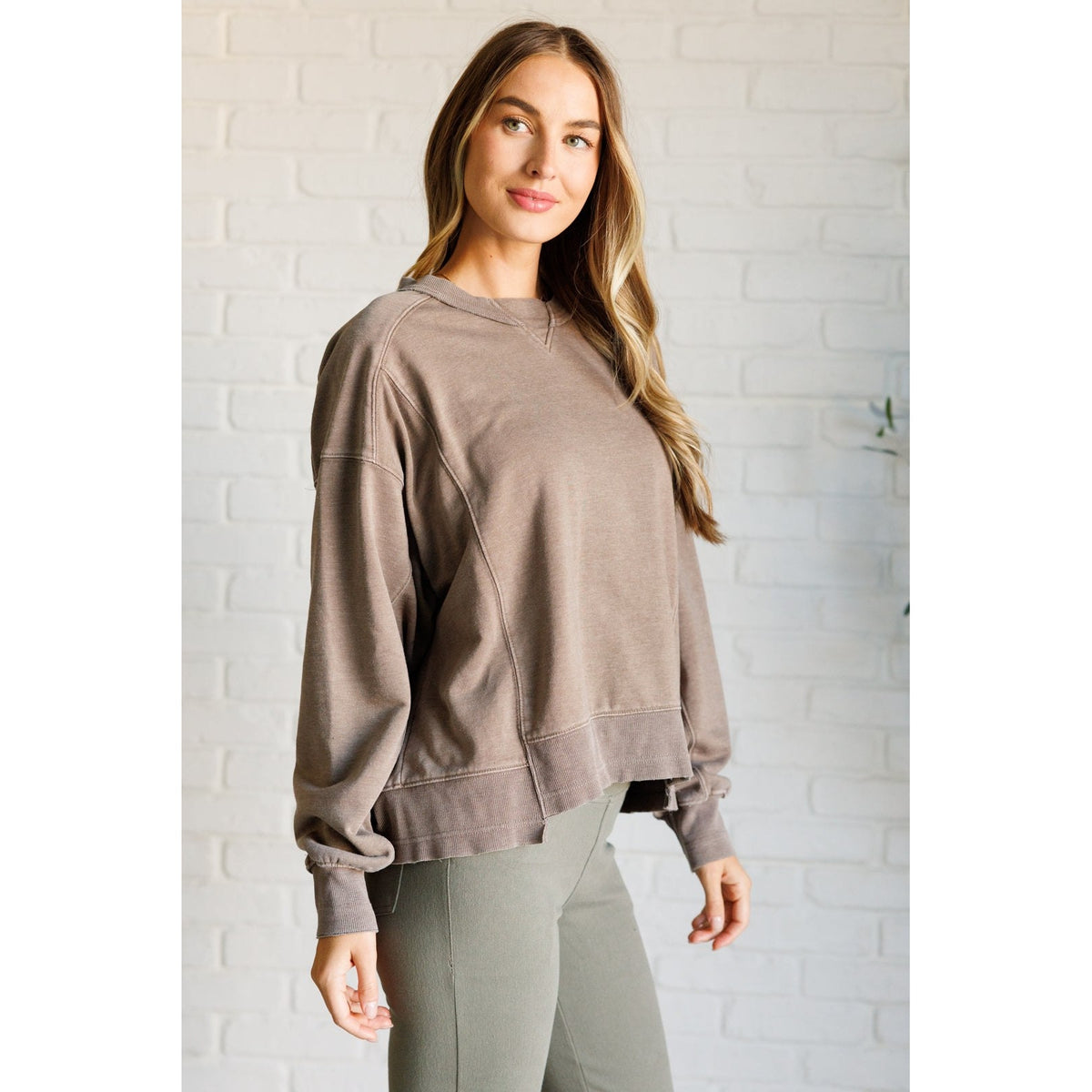 Quick Fix Mineral Wash Crew Neck Pullover in Mocha