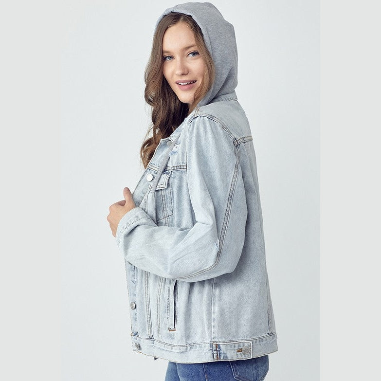 RISEN Full Size Distressed Drawstring Hooded Denim Jacket