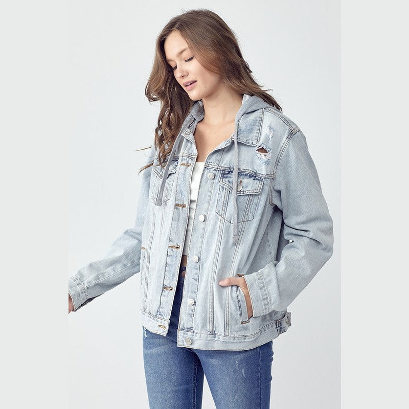 RISEN Full Size Distressed Drawstring Hooded Denim Jacket