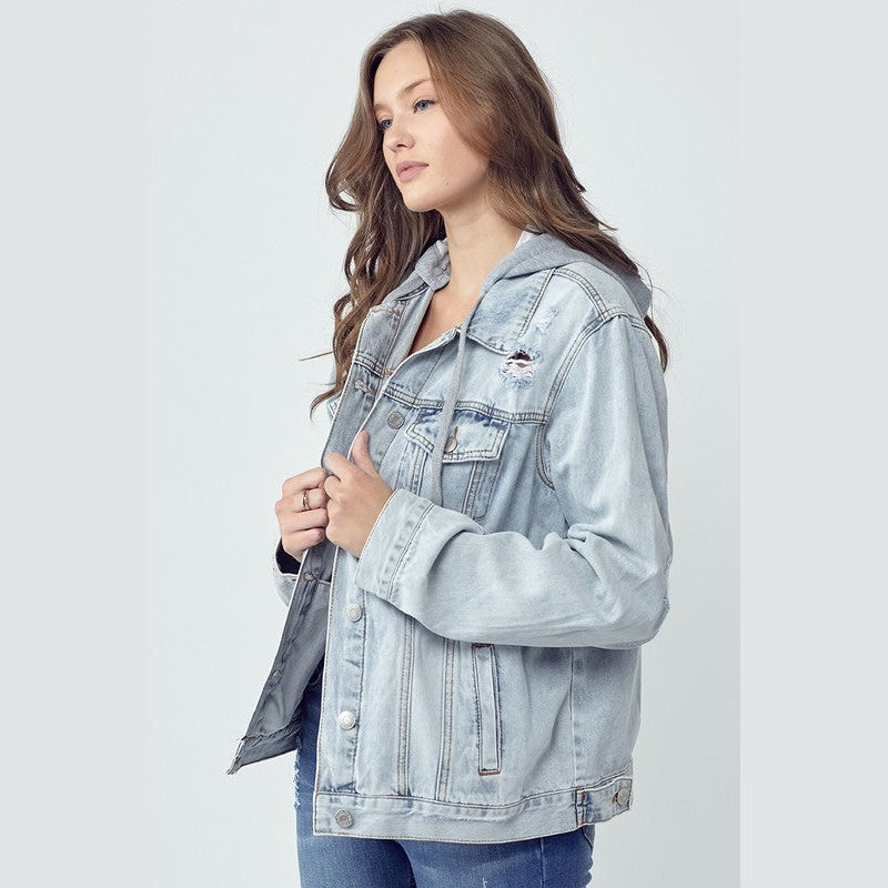 RISEN Full Size Distressed Drawstring Hooded Denim Jacket