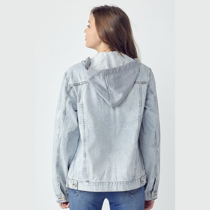 RISEN Full Size Distressed Drawstring Hooded Denim Jacket