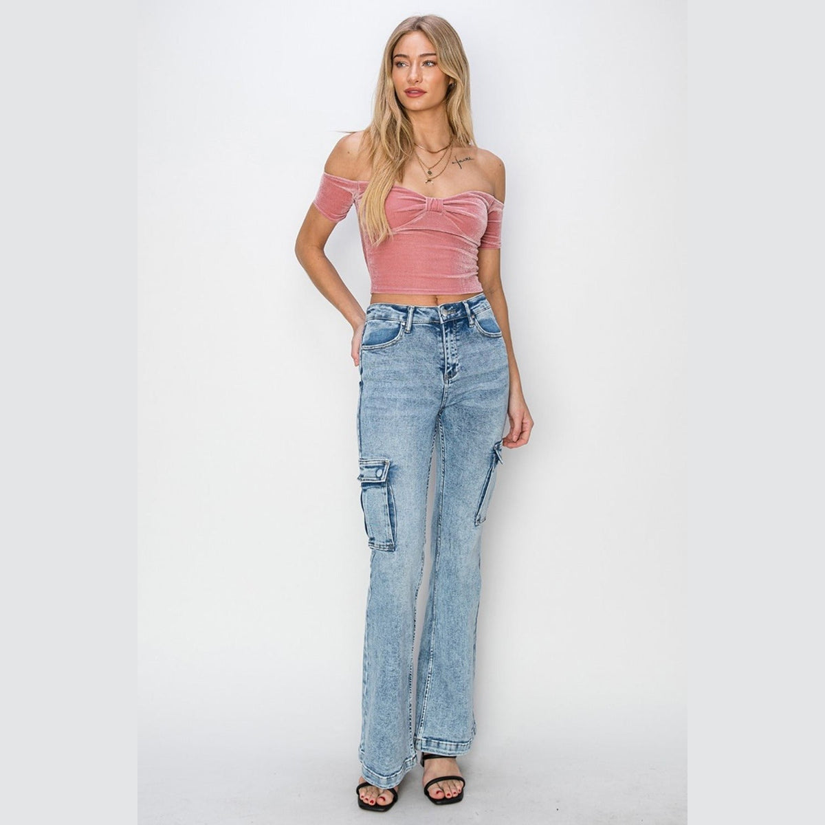 RISEN Full Size High Rise Cargo Flare Jeans