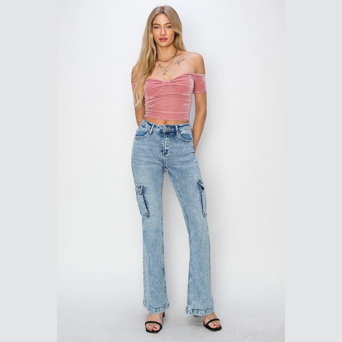 RISEN Full Size High Rise Cargo Flare Jeans