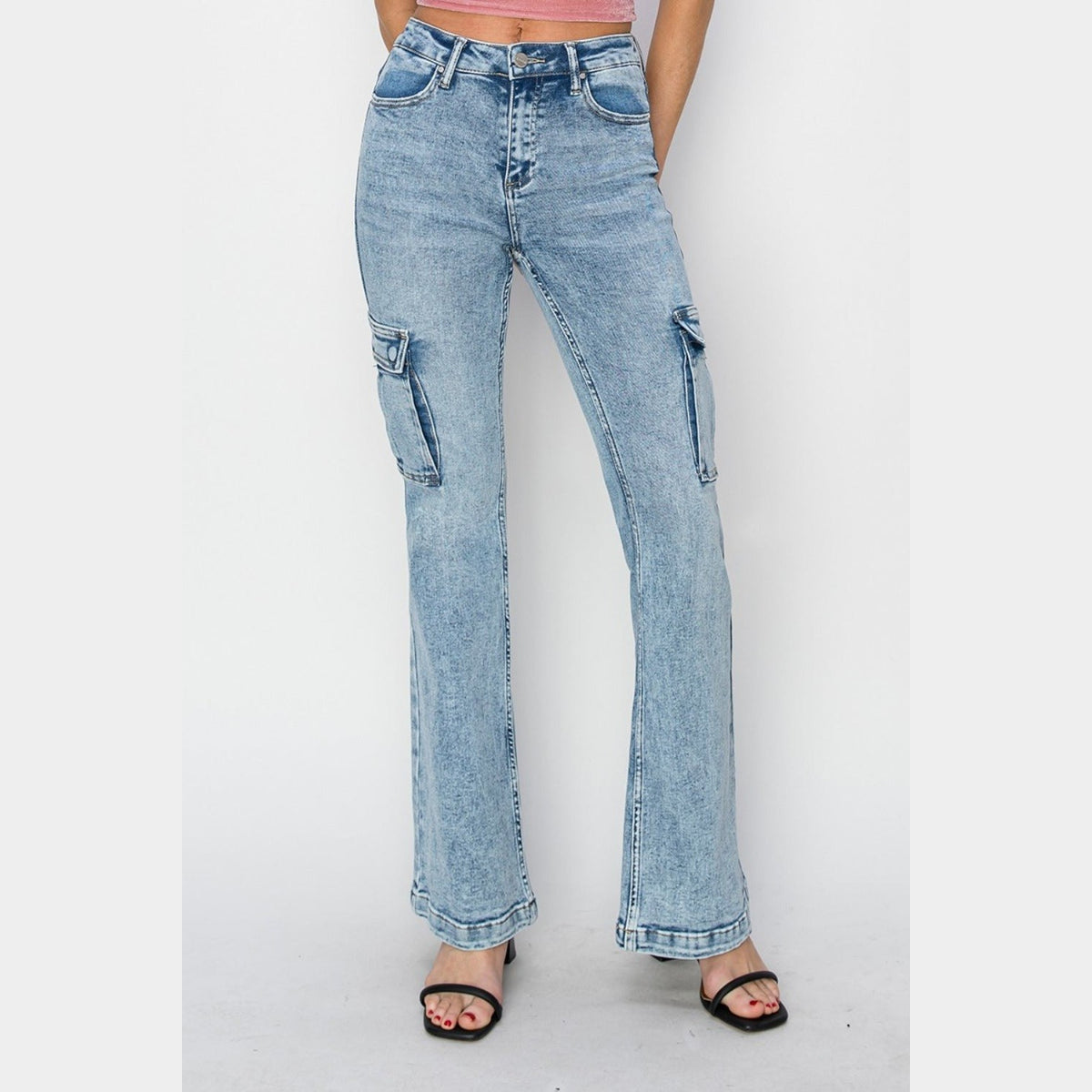 RISEN Full Size High Rise Cargo Flare Jeans