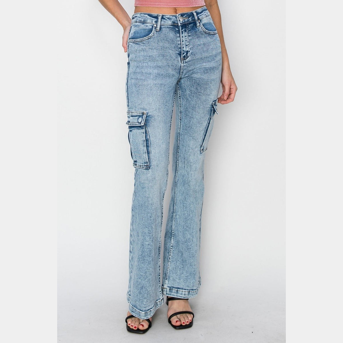 RISEN Full Size High Rise Cargo Flare Jeans