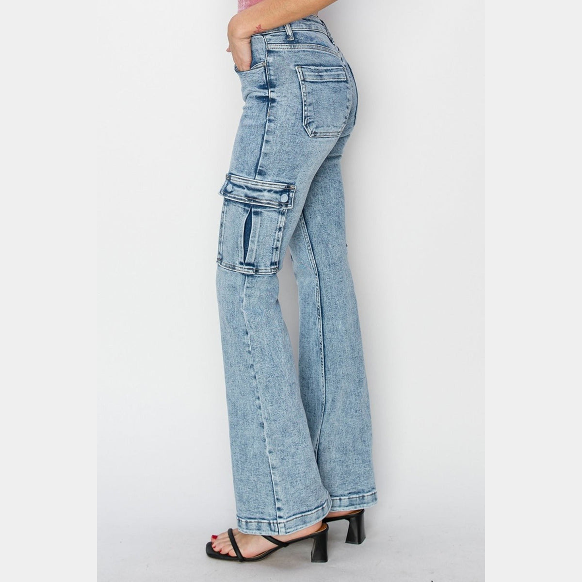 RISEN Full Size High Rise Cargo Flare Jeans