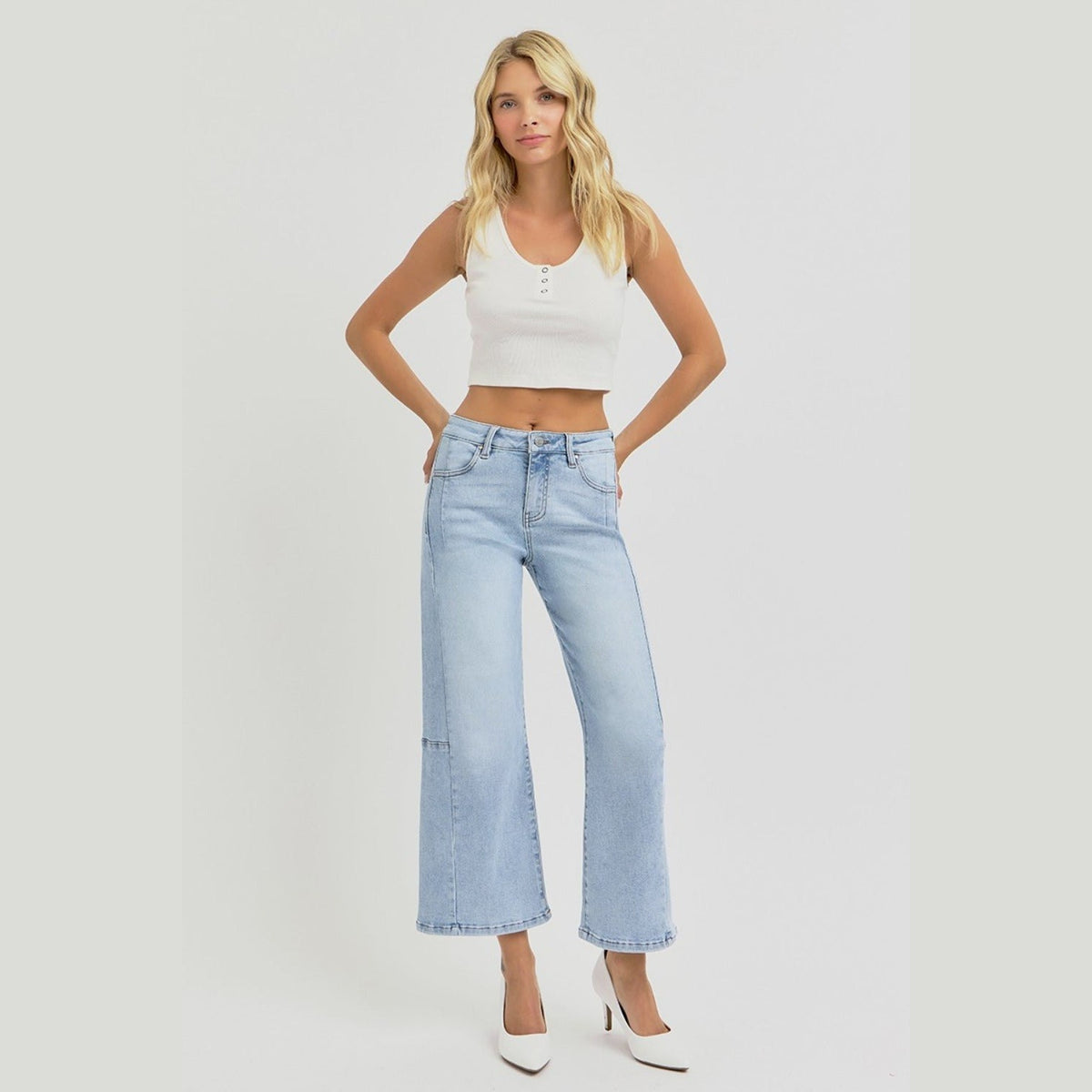 RISEN Full Size High Rise Seamed Detail Wide Leg Crop Jeans