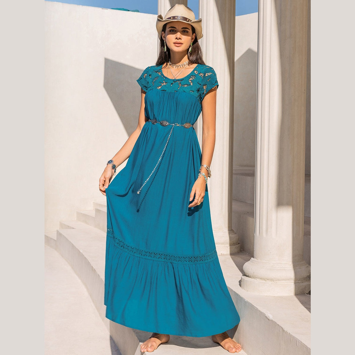 Round Neck Short Sleeve Maxi Dress