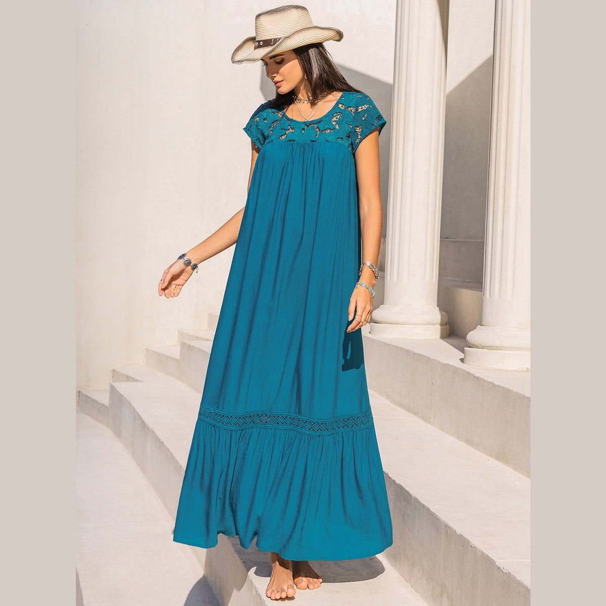 Round Neck Short Sleeve Maxi Dress