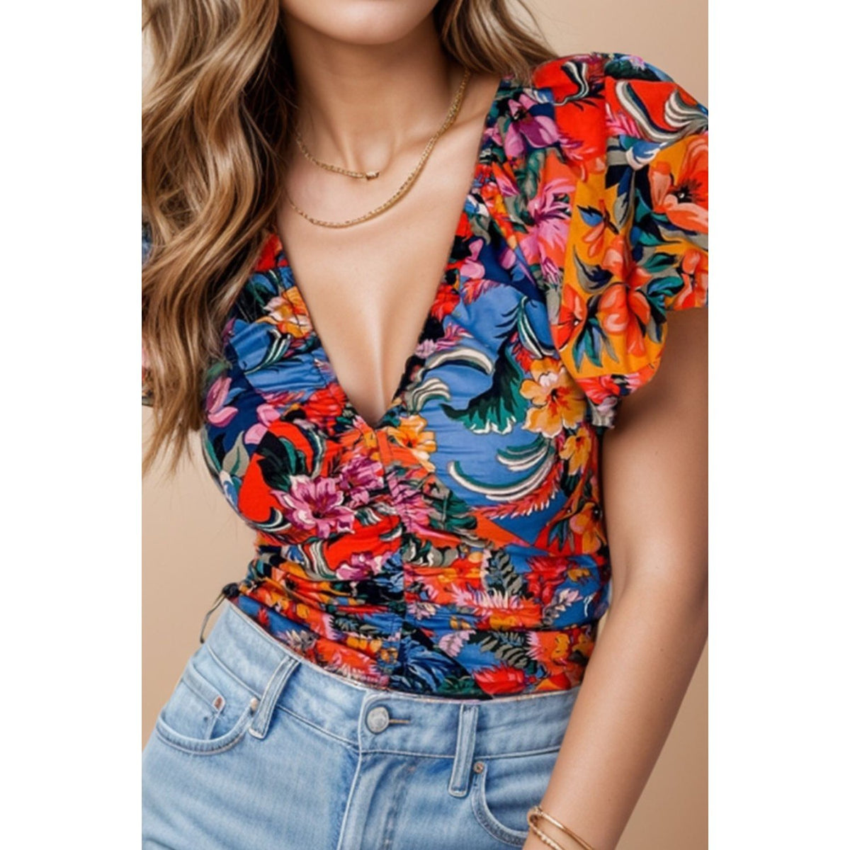 Ruched Printed V-Neck Short Sleeve Blouse