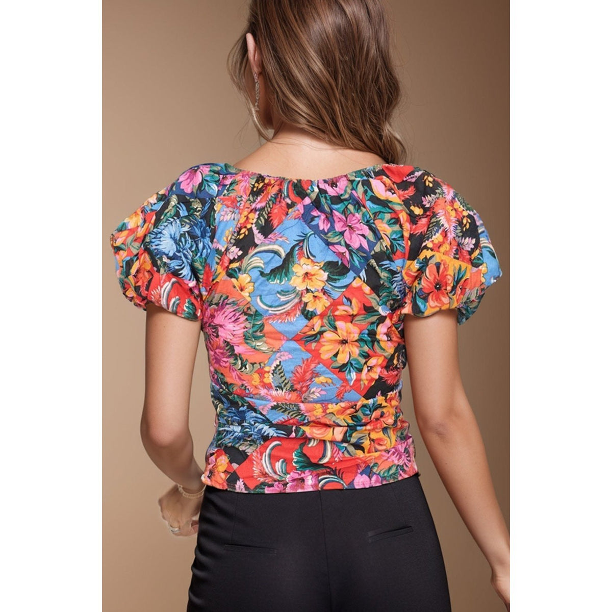 Ruched Printed V-Neck Short Sleeve Blouse