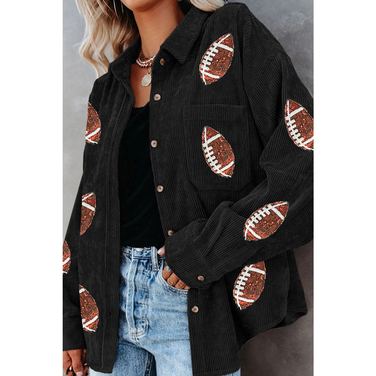 Sequin Football Button Up Long Sleeve Jacket