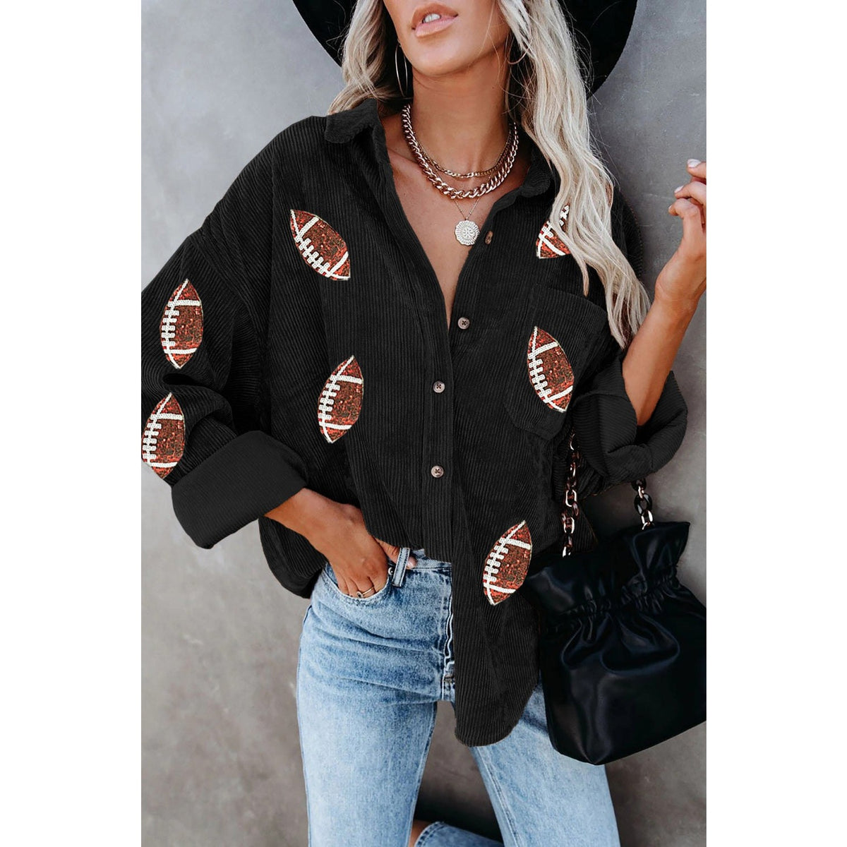 Sequin Football Button Up Long Sleeve Jacket