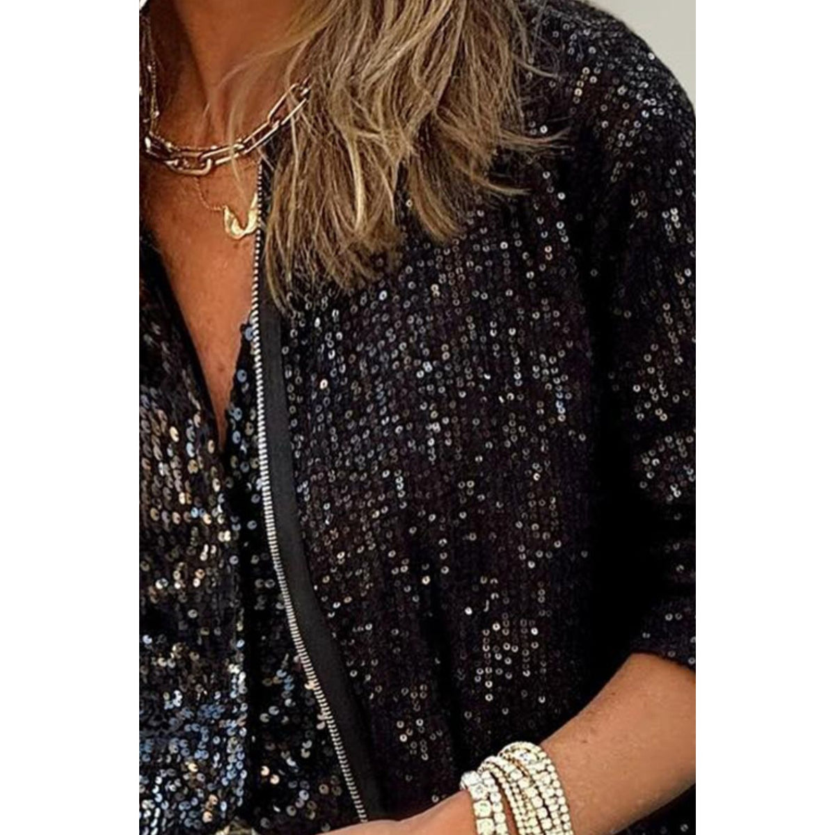 Sequin Zip Up Long Sleeve Jacket