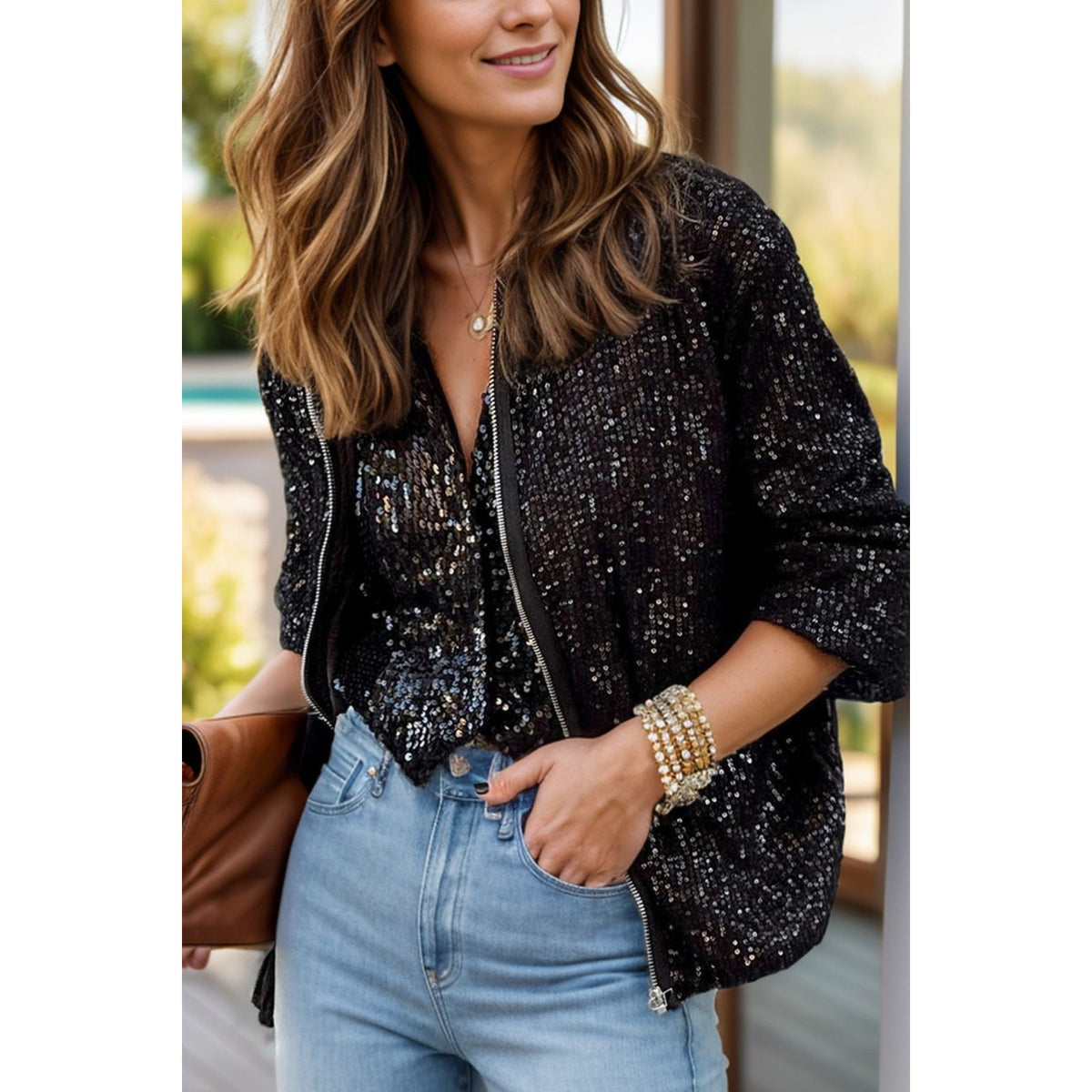 Sequin Zip Up Long Sleeve Jacket