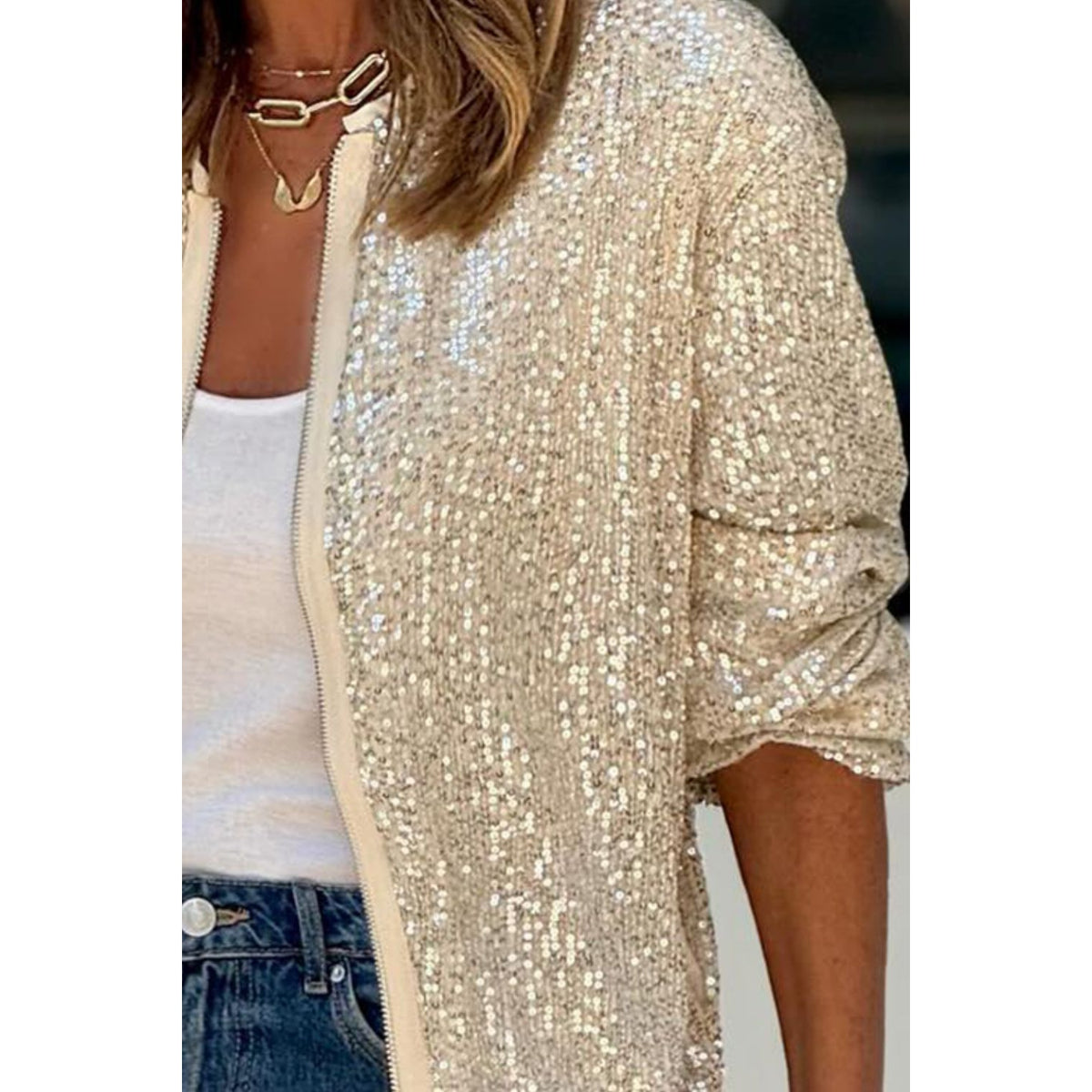 Sequin Zip Up Long Sleeve Jacket