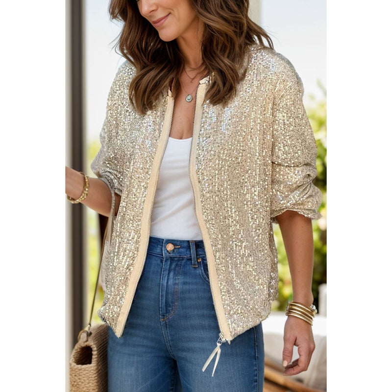 Sequin Zip Up Long Sleeve Jacket