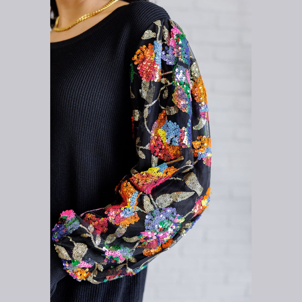 She is the Party Floral Sequins Mesh Sleeve Top