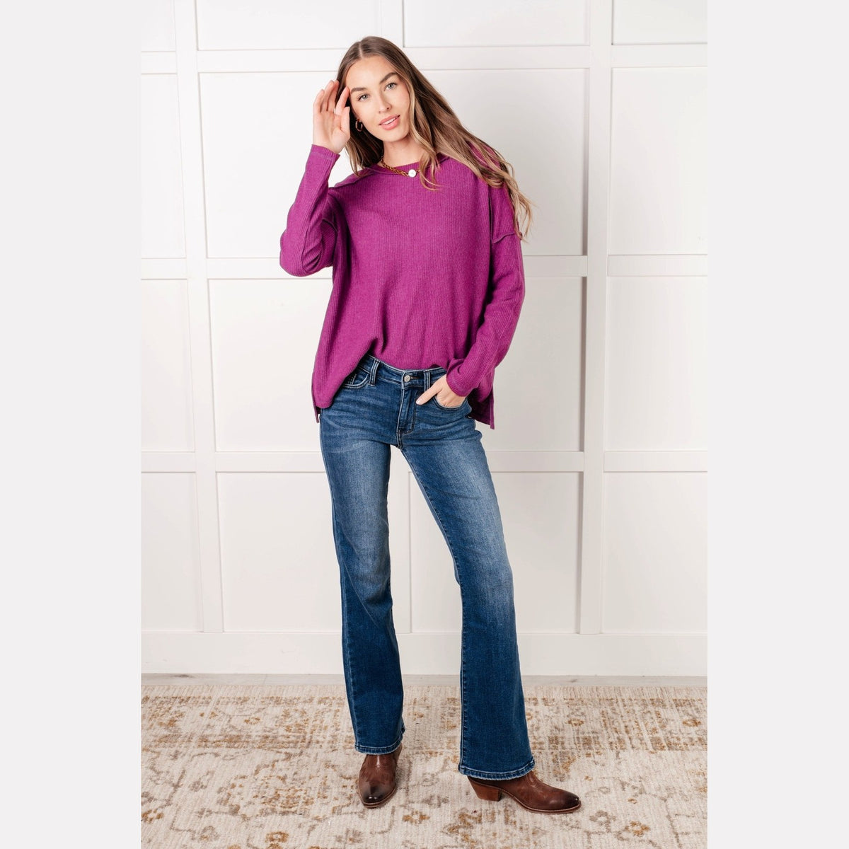 Simply Basic Ribbed Hacci Sweater in Light Plum