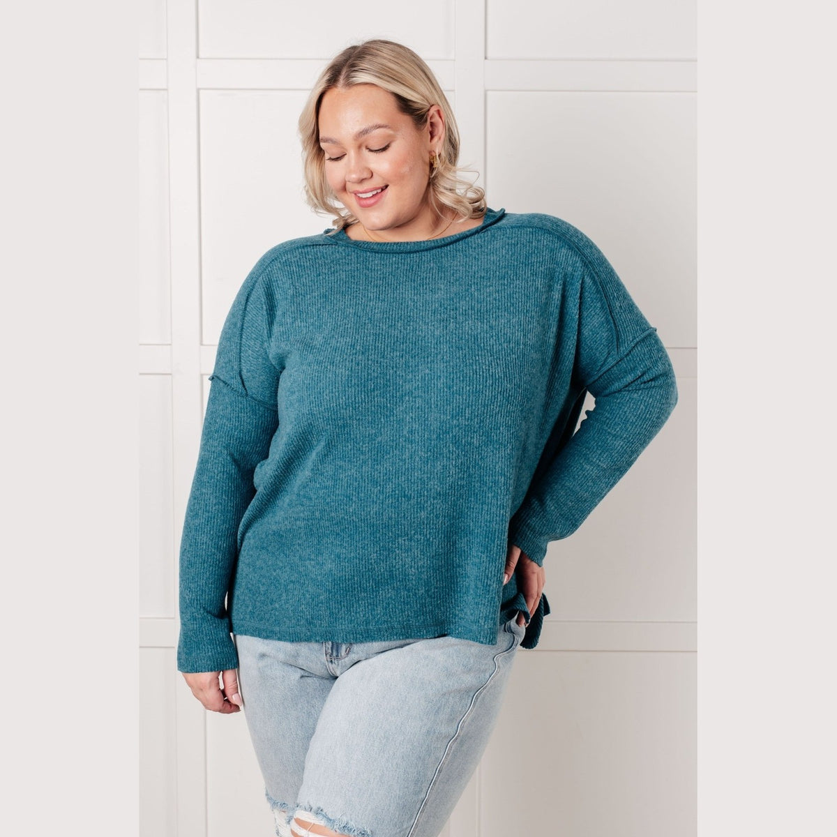 Simply Basic Ribbed Hacci Sweater in Teal