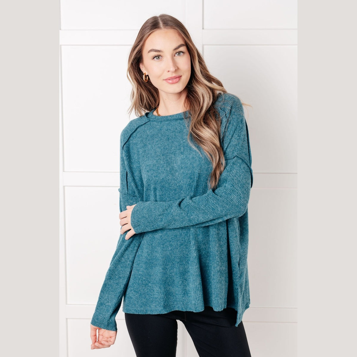 Simply Basic Ribbed Hacci Sweater in Teal