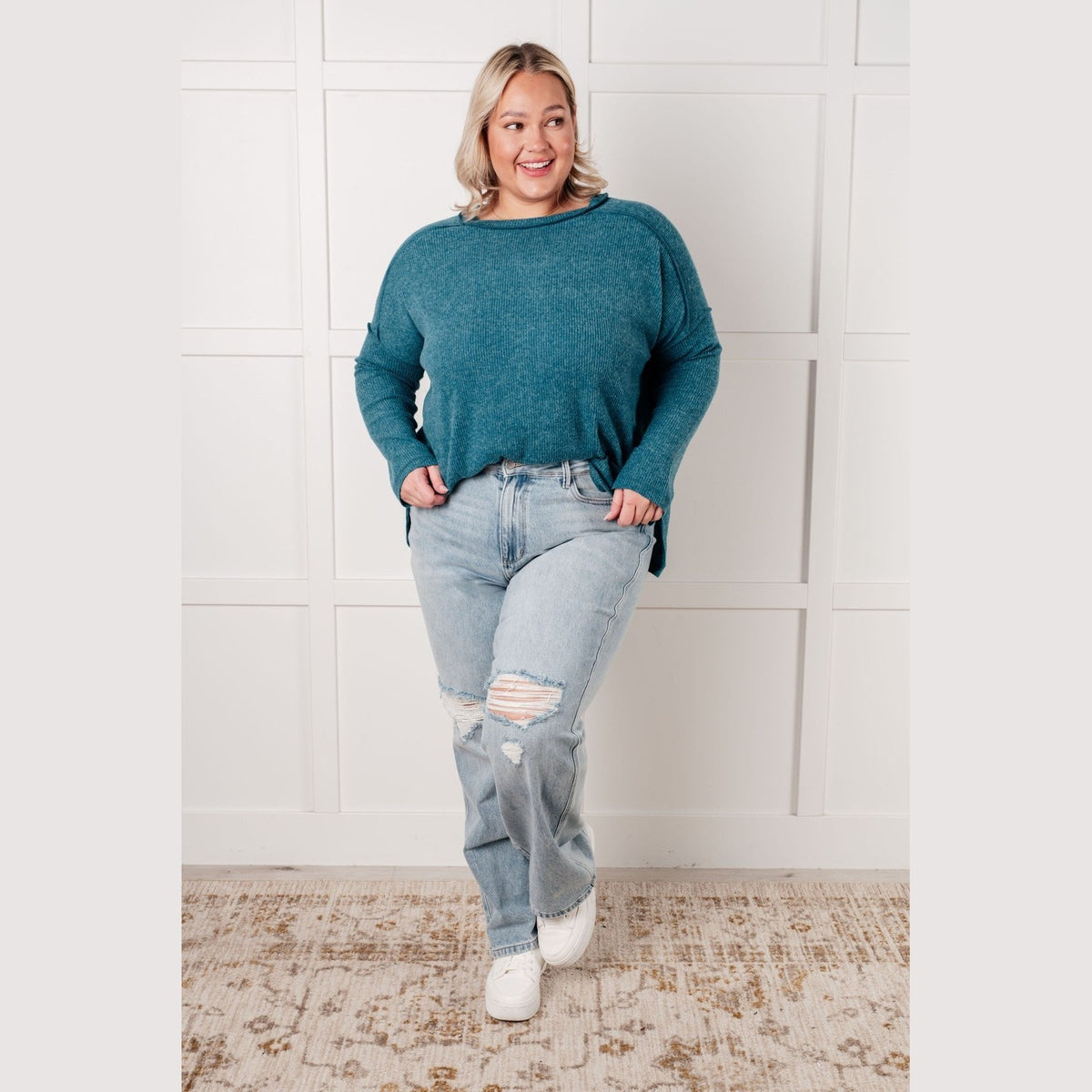 Simply Basic Ribbed Hacci Sweater in Teal