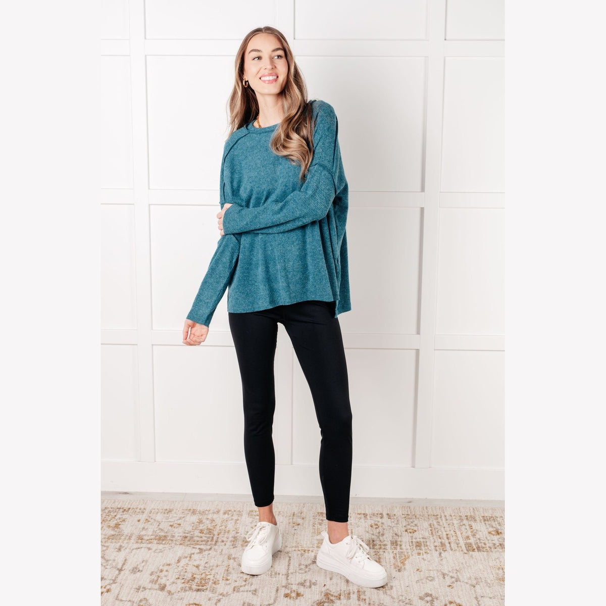 Simply Basic Ribbed Hacci Sweater in Teal