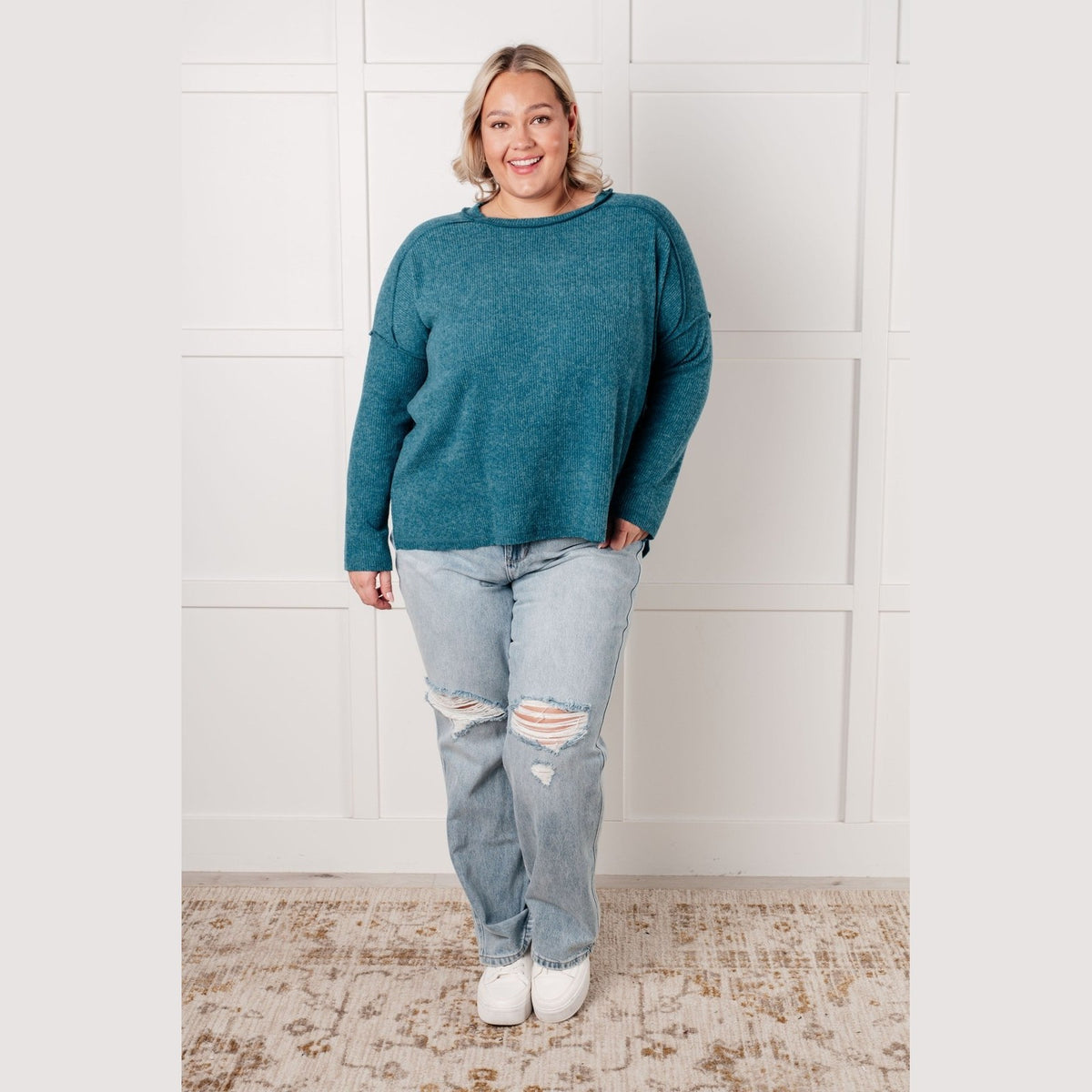 Simply Basic Ribbed Hacci Sweater in Teal