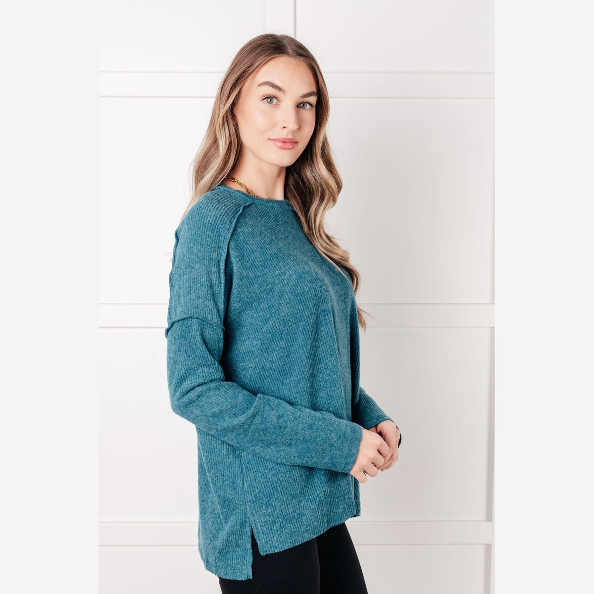 Simply Basic Ribbed Hacci Sweater in Teal