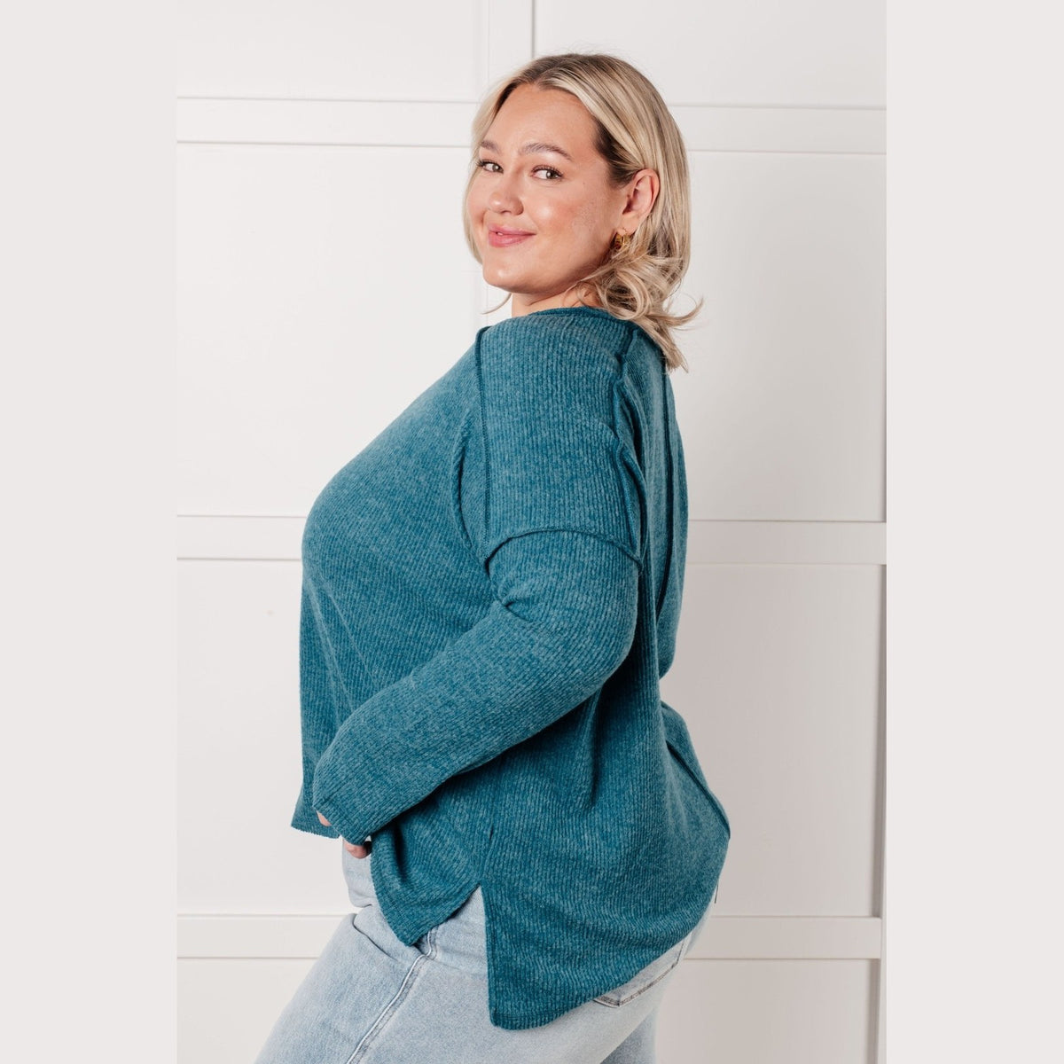 Simply Basic Ribbed Hacci Sweater in Teal