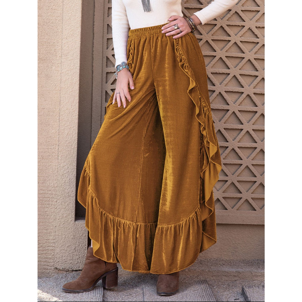 Slit Ruffled Wide Leg Pants