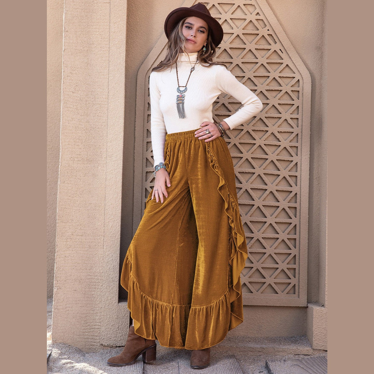 Slit Ruffled Wide Leg Pants