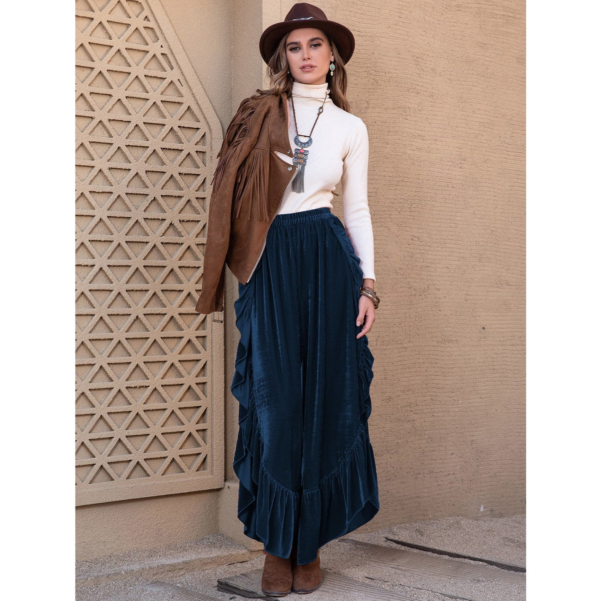 Slit Ruffled Wide Leg Pants