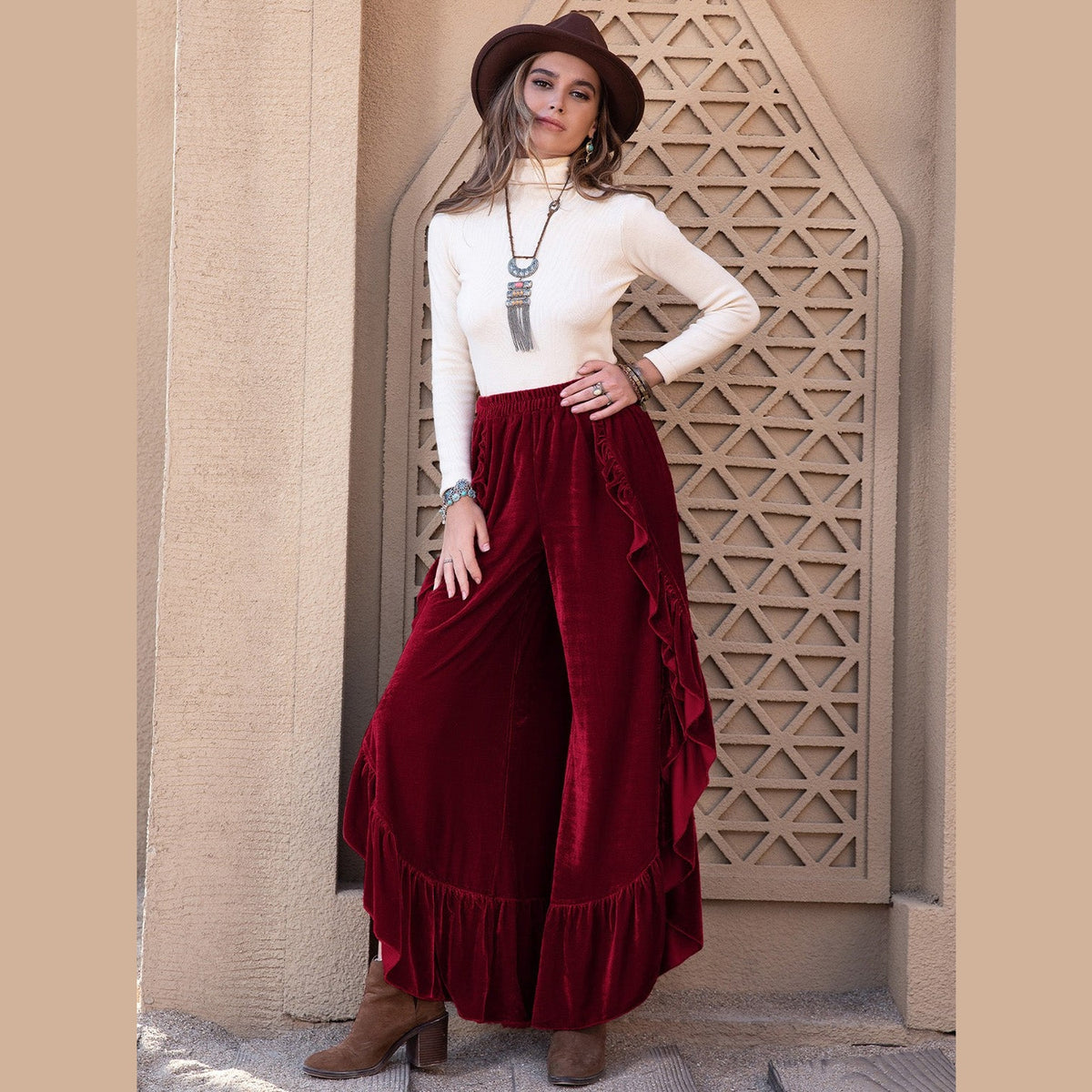 Slit Ruffled Wide Leg Pants