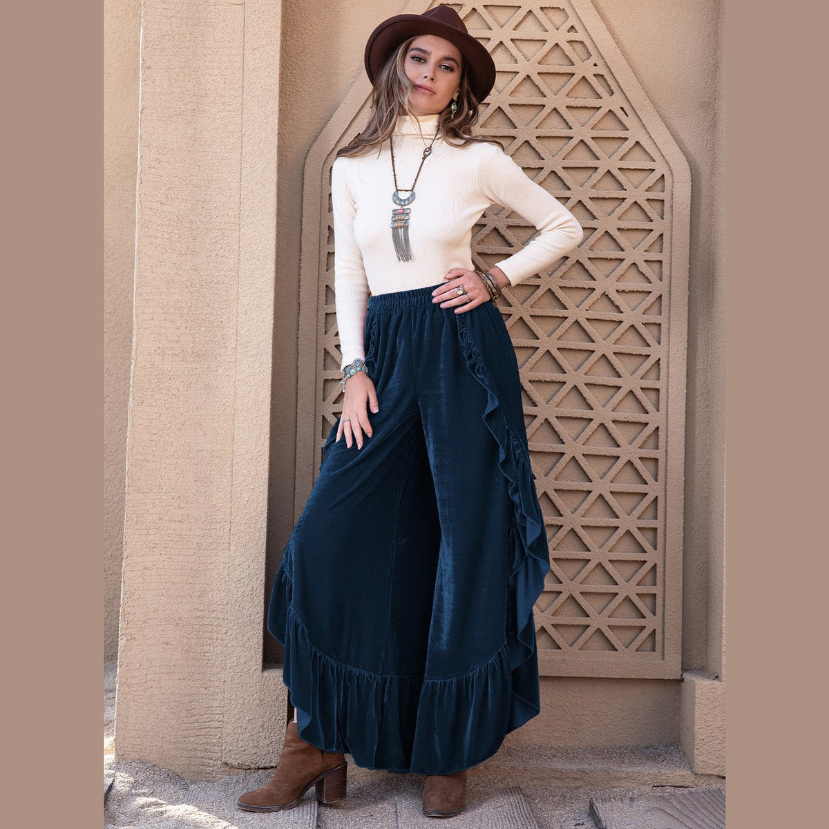 Slit Ruffled Wide Leg Pants