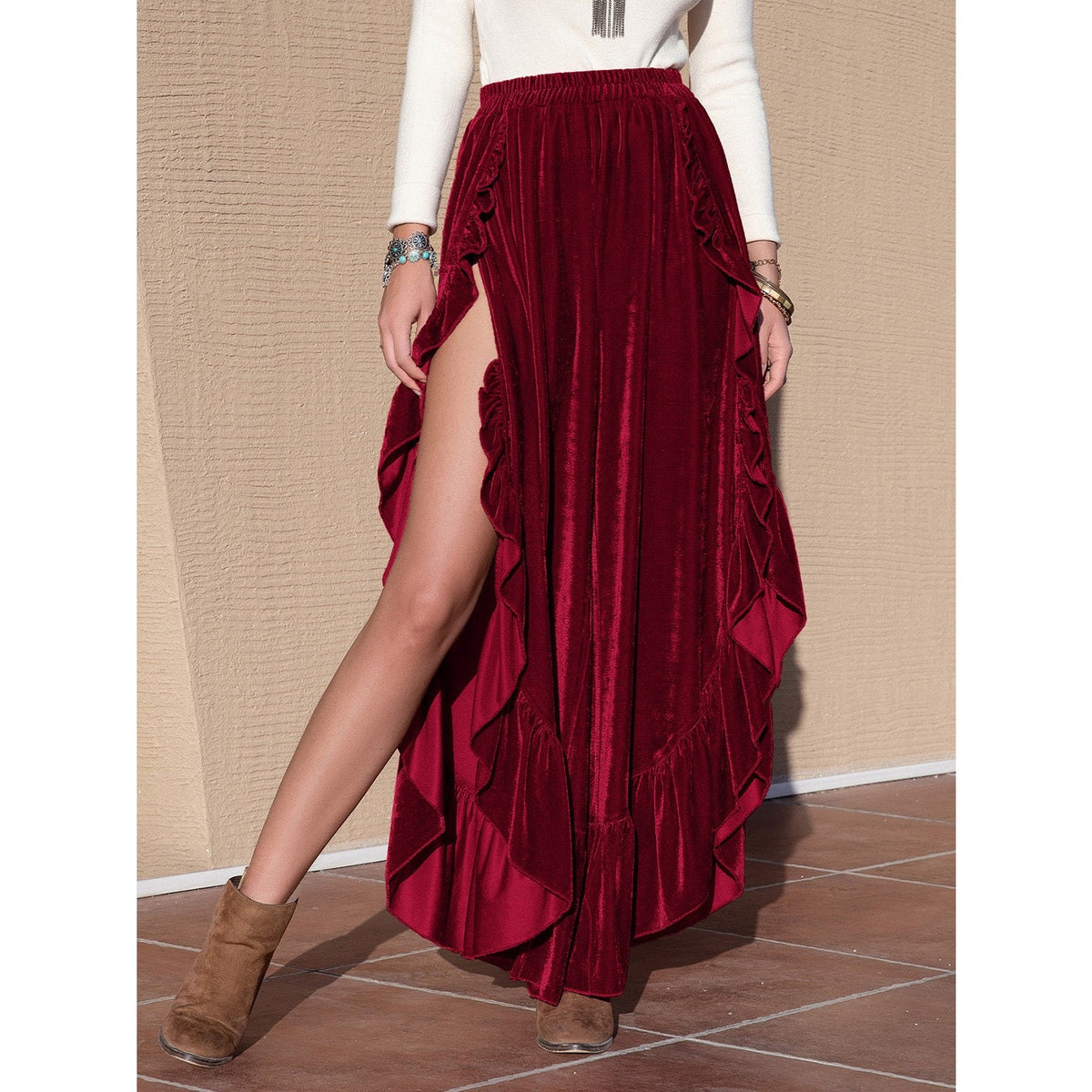 Slit Ruffled Wide Leg Pants