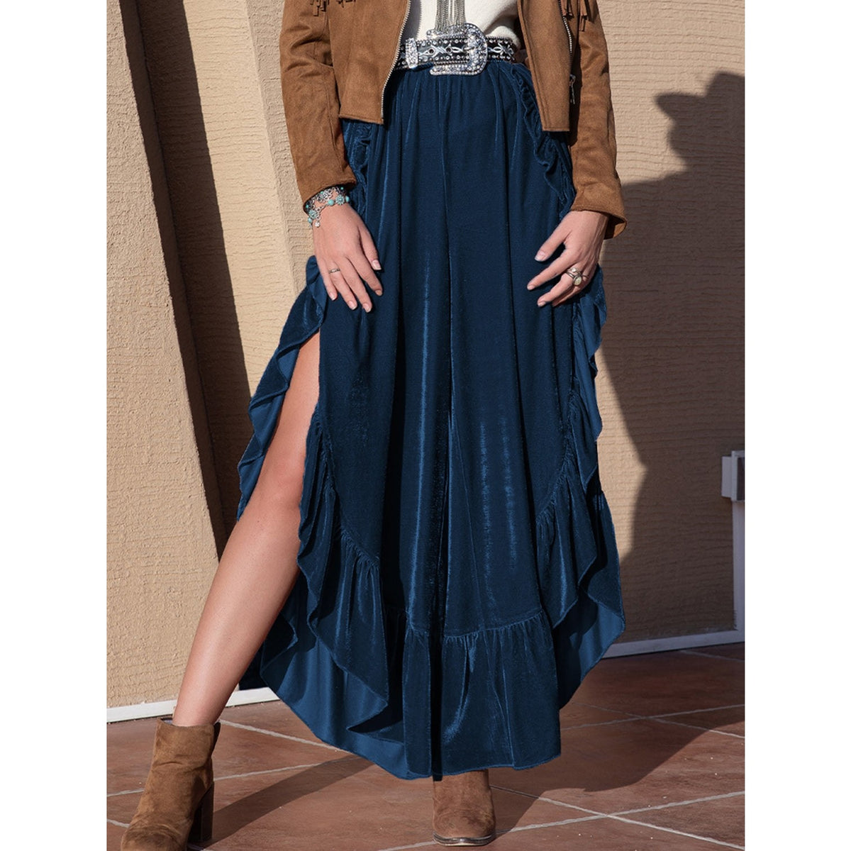 Slit Ruffled Wide Leg Pants