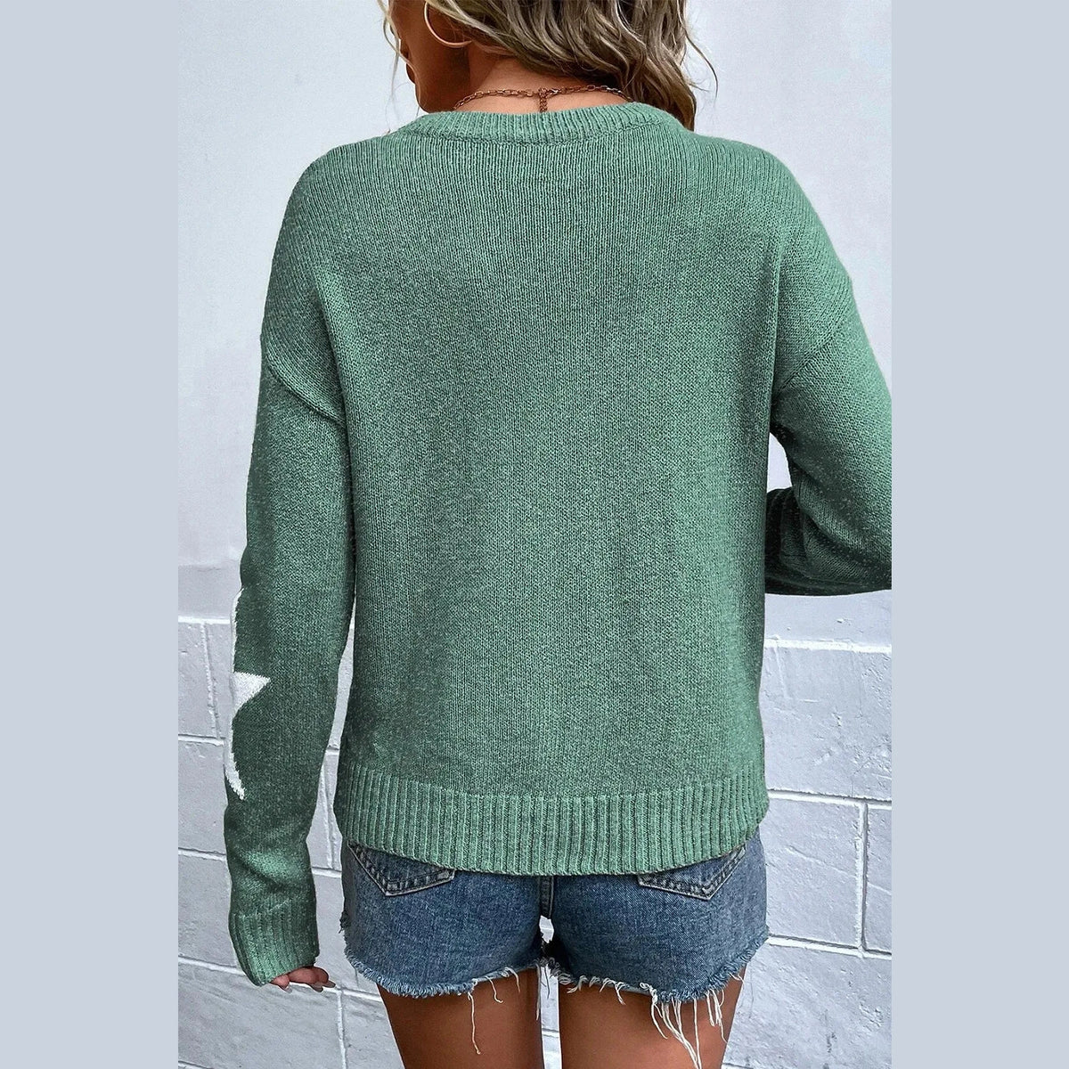 Star Round Neck Dropped Shoulder Sweater