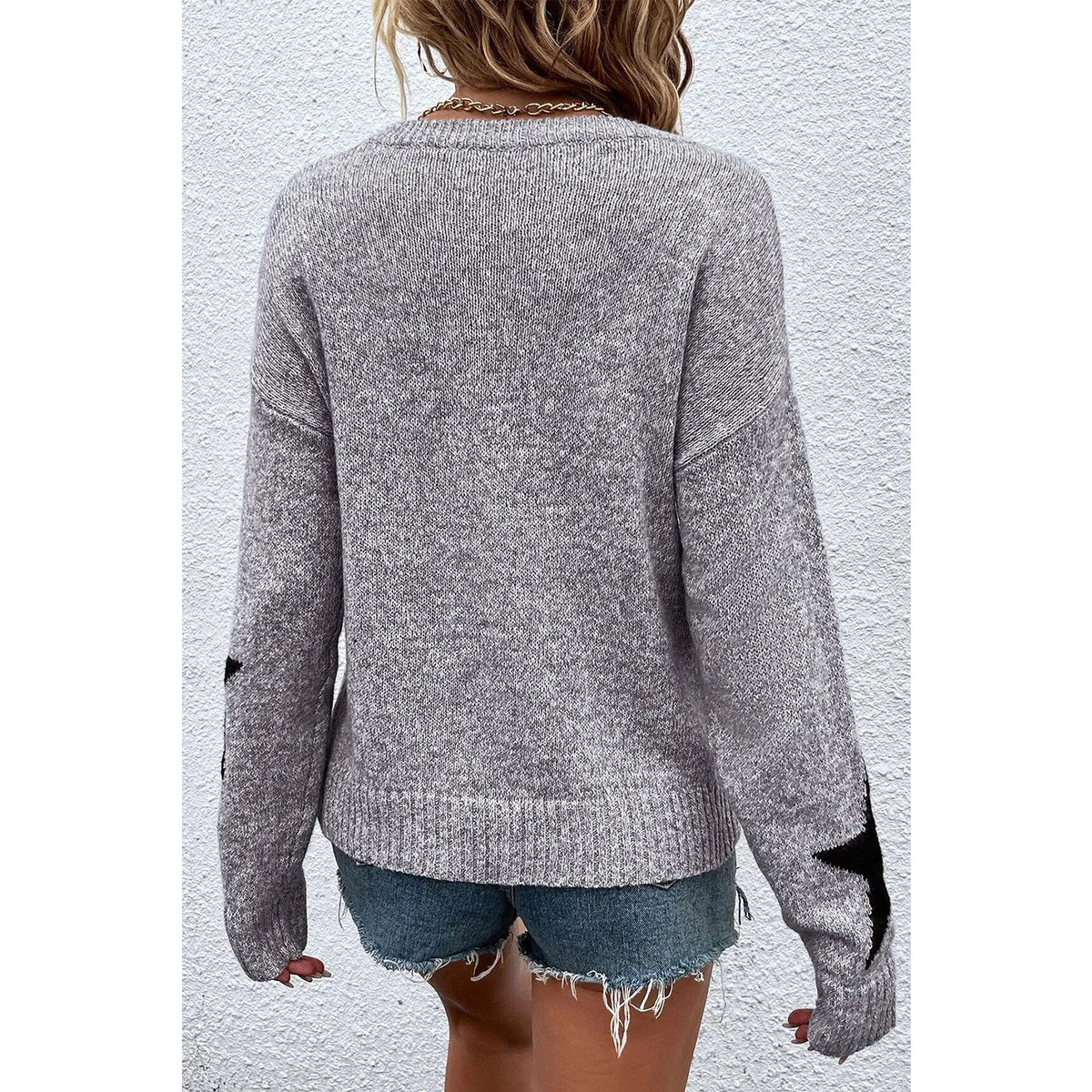 Star Round Neck Dropped Shoulder Sweater