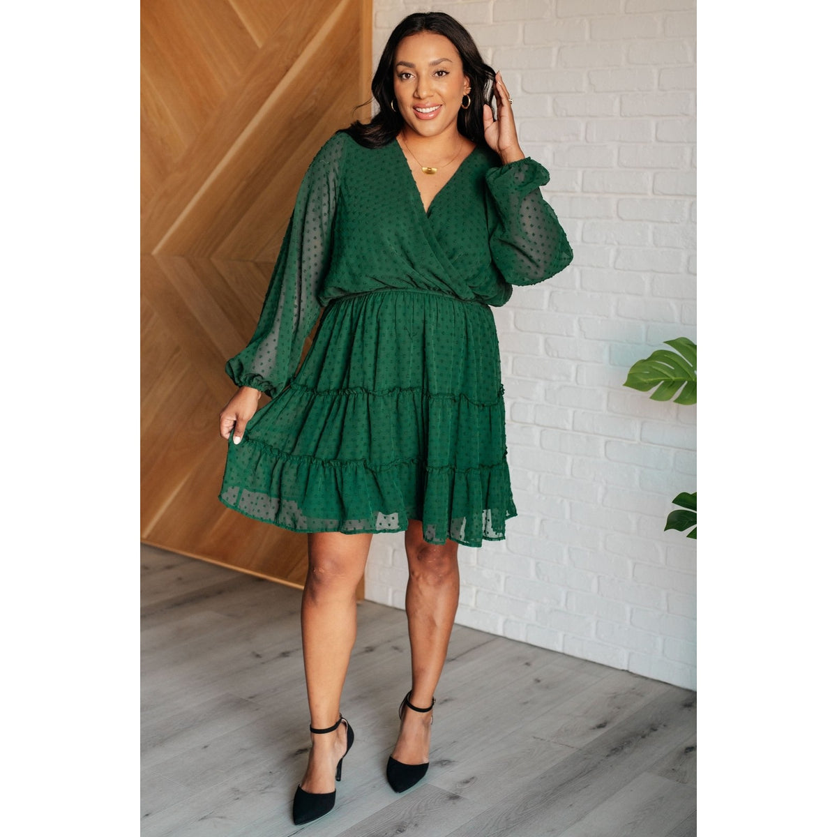 Starlit Glow V-Neck Tiered Dress in Hunter Green