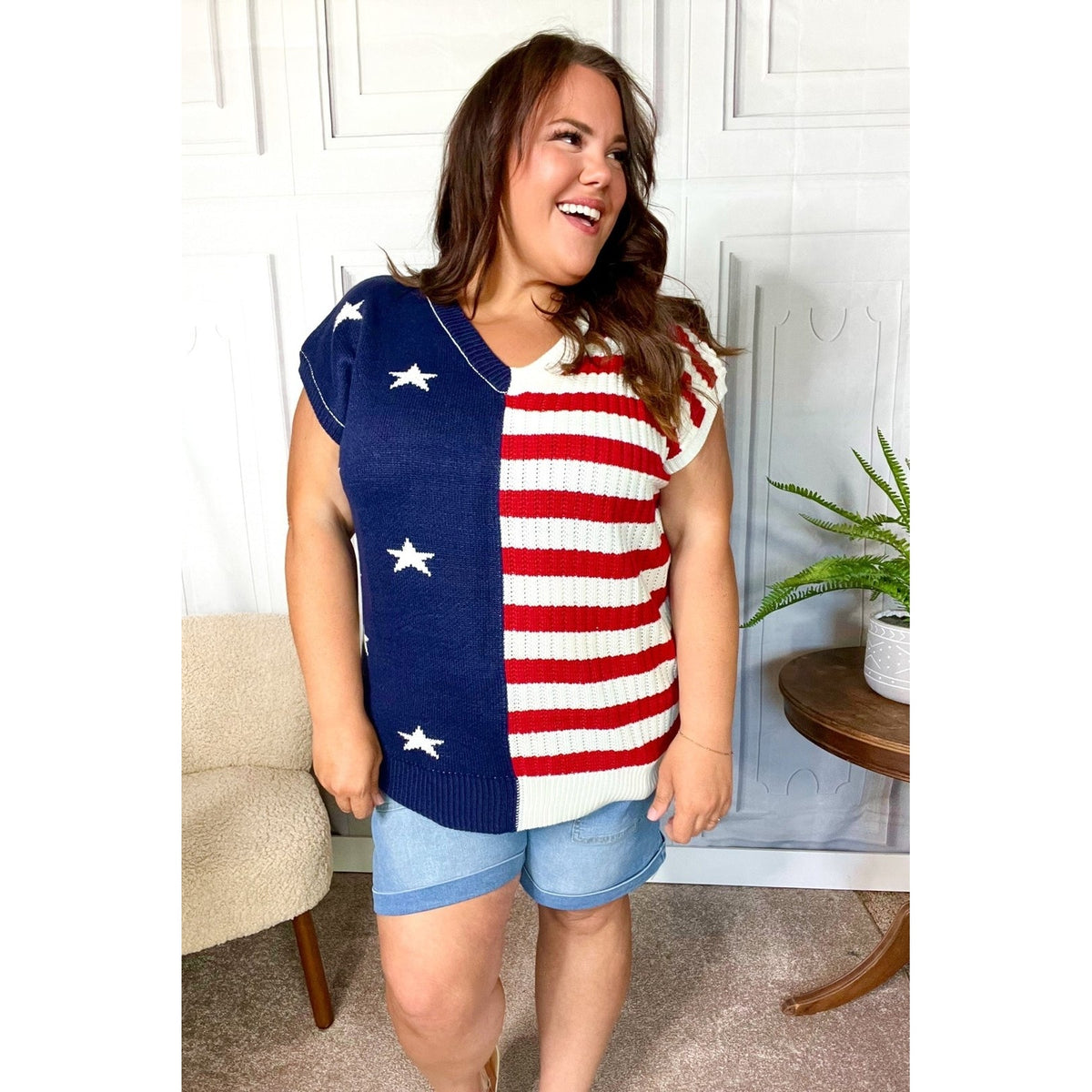 Stars & Stripes Americana V Neck Dolman Sweater Top