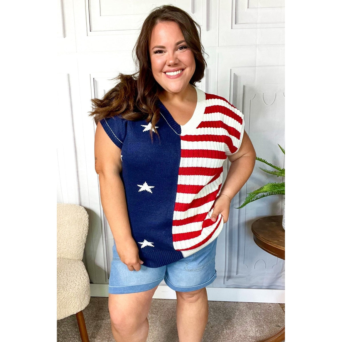 Stars & Stripes Americana V Neck Dolman Sweater Top