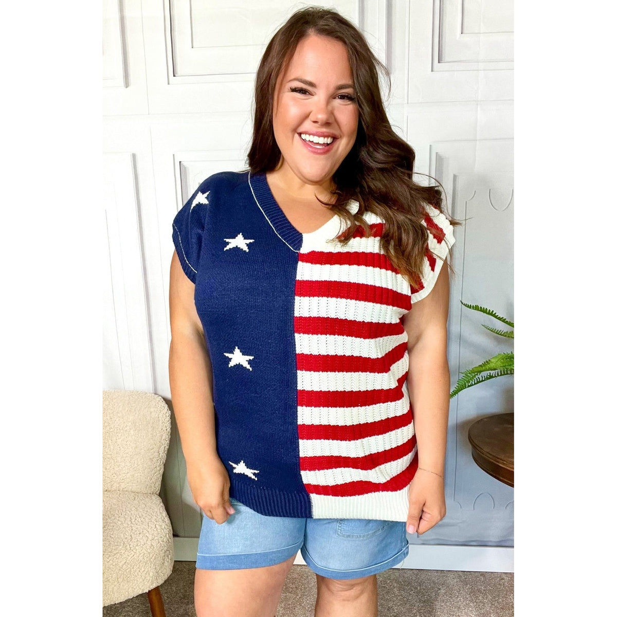 Stars & Stripes Americana V Neck Dolman Sweater Top