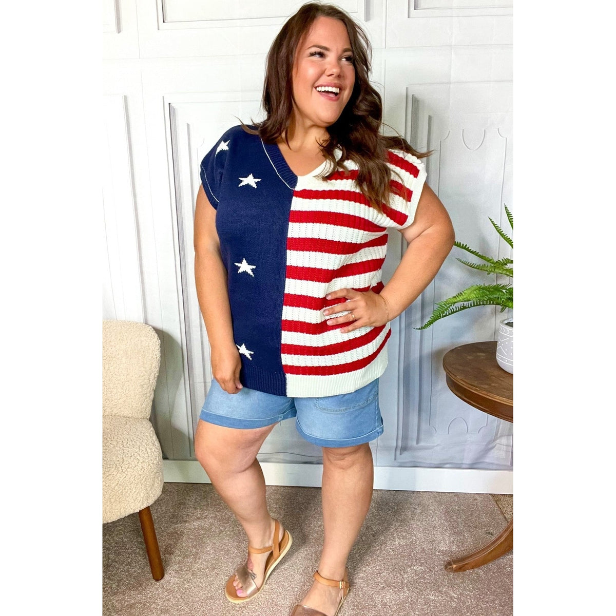 Stars & Stripes Americana V Neck Dolman Sweater Top