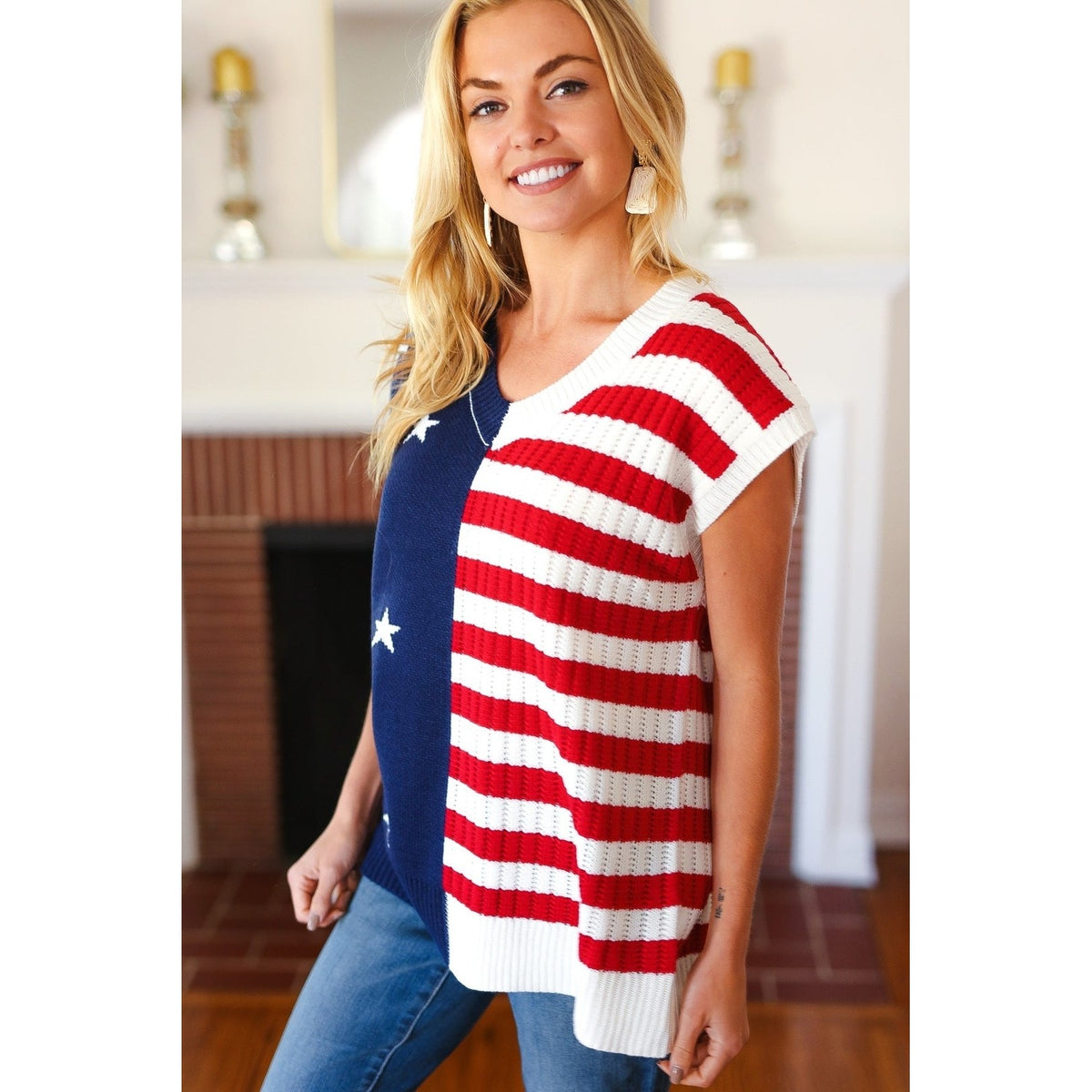 Stars & Stripes Americana V Neck Dolman Sweater Top