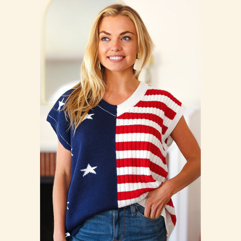 Stars & Stripes Americana V Neck Dolman Sweater Top