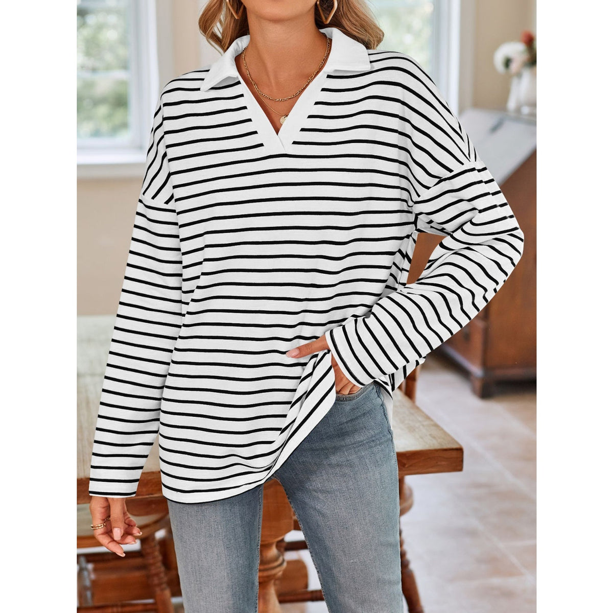 Striped Johnny Collar Long Sleeve T-Shirt