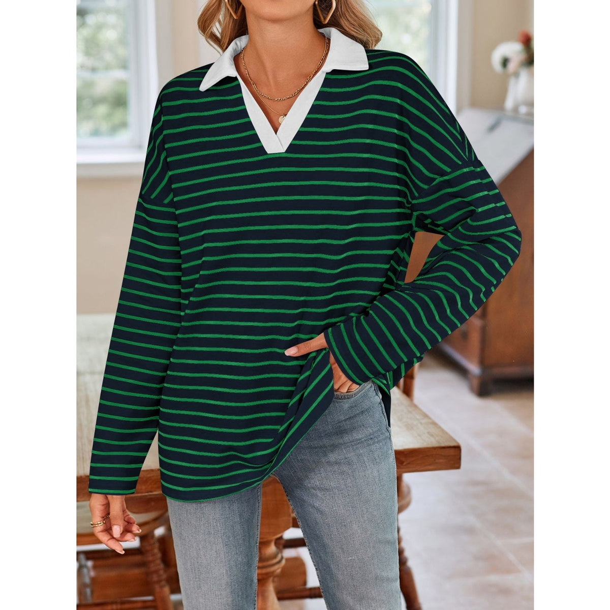 Striped Johnny Collar Long Sleeve T-Shirt