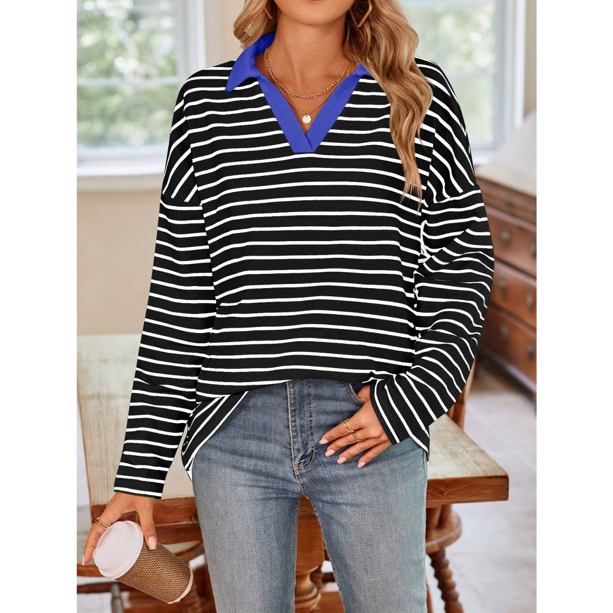 Striped Johnny Collar Long Sleeve T-Shirt