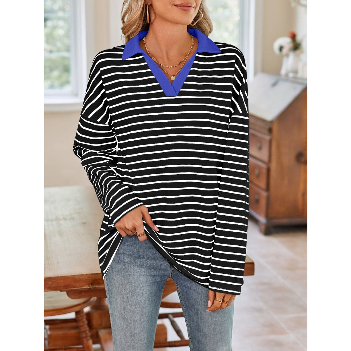 Striped Johnny Collar Long Sleeve T-Shirt